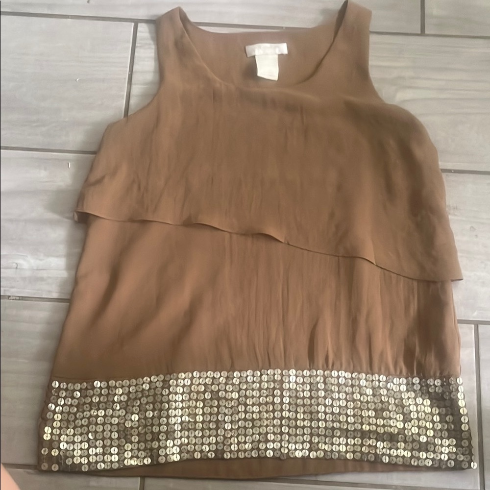 MM Couture Tan Tank Top with Gold Sequin Hem